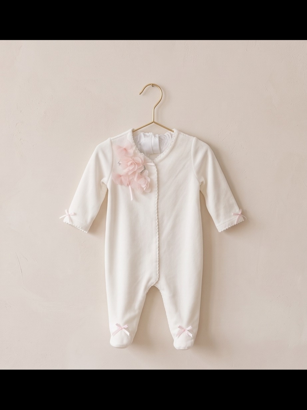 Cream Baby Footed One-Piece with Pink Floral Detail And Tulle Frill At The Back